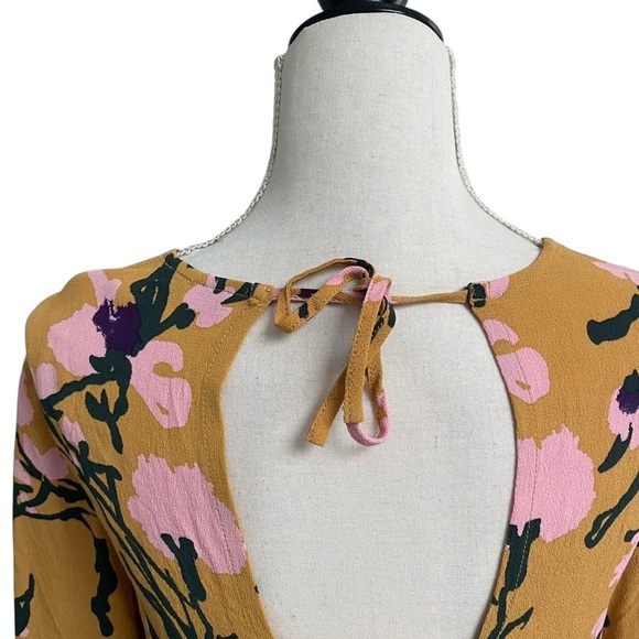 Marimekko Designer Mustard Floral Open Back Bell Sleeve Blouse XS - Picture 12 of 16